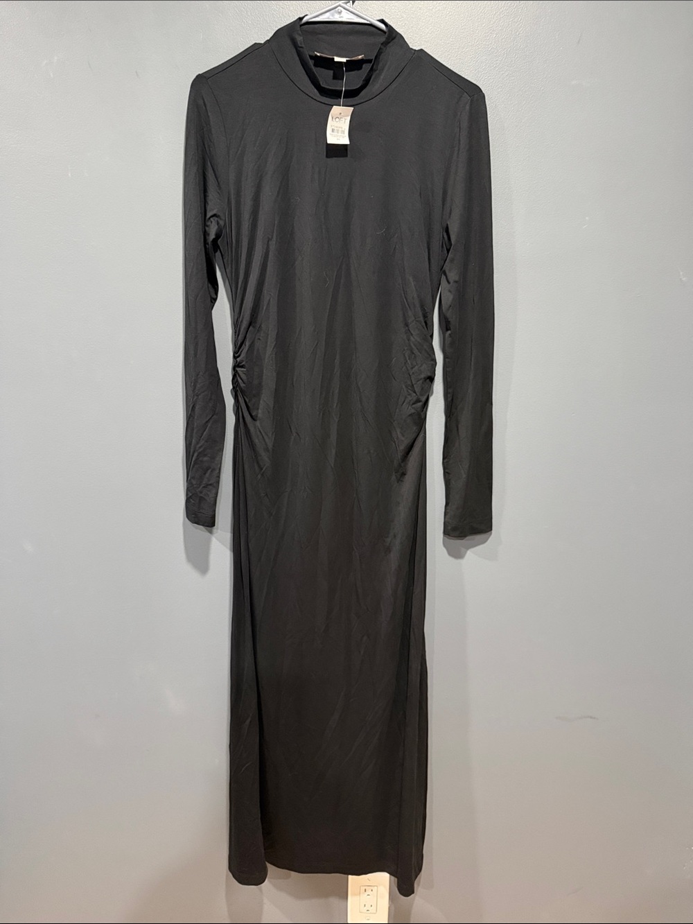 NWT LOFT Black Ruched Mock Neck Maxi Dress Long Sleeve Women’s Medium